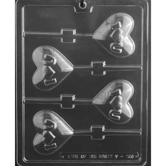 Clear “I Heart You” Heart Chocolate Lollipop Mold photographed against a black background with four heart-shaped cavities featuring a raised “I ♥ U” message and stick channels.