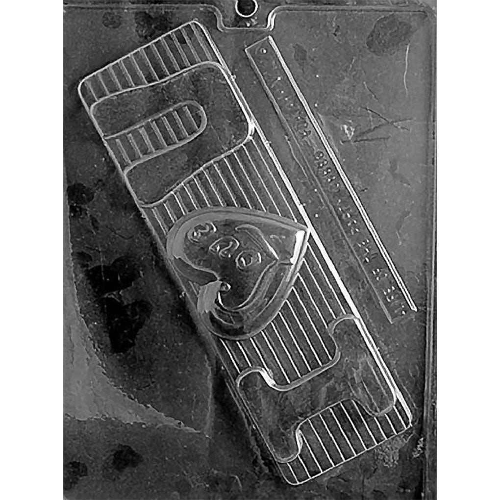 Single-cavity I Love U chocolate bar mold with large lettering, LOVE written inside a center heart, and a striped background measuring 8 7/8 x 2 3/4 x 1/2 inches