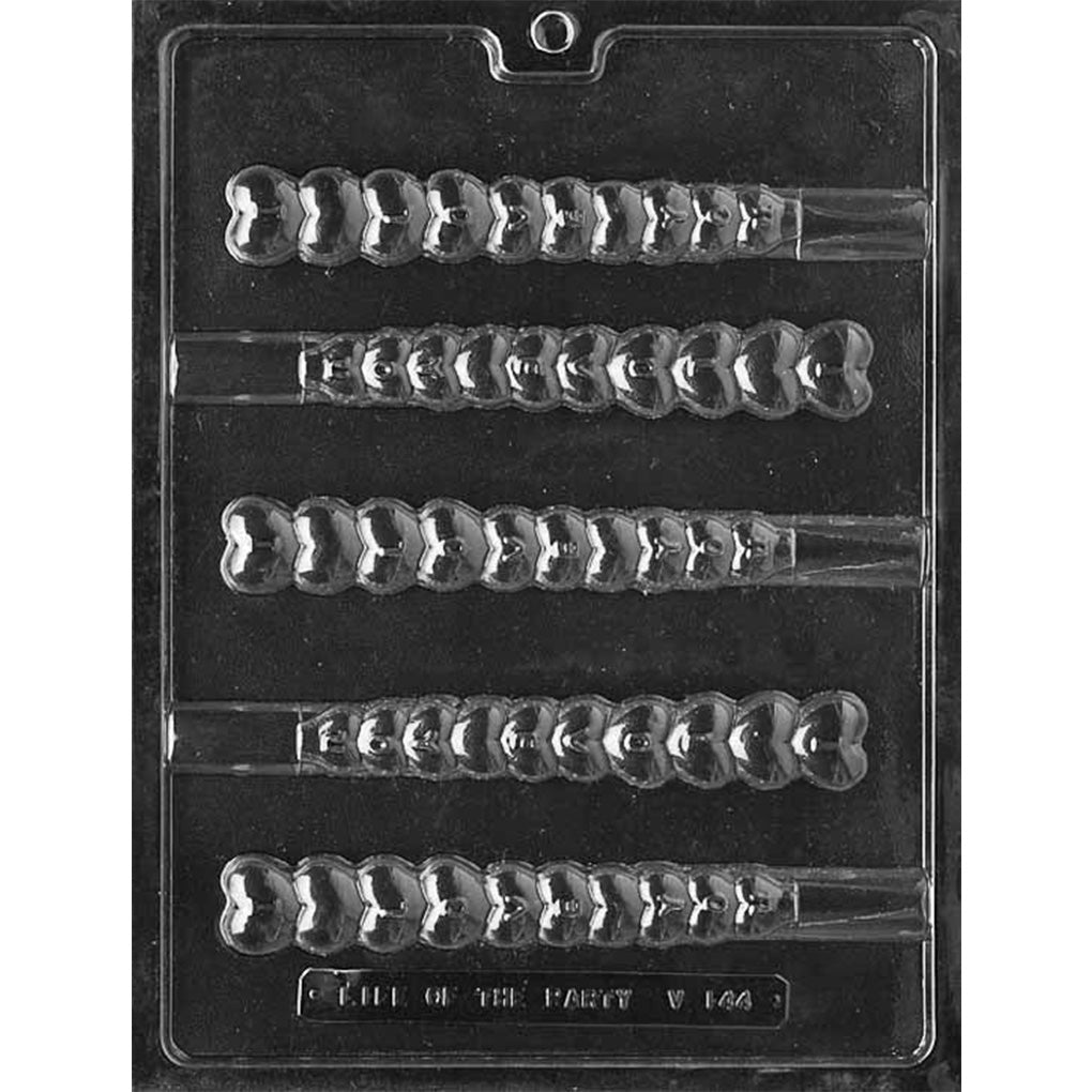 Pretzel rod chocolate mold with heart-shaped “I Love You” designs and long channels for holding pretzel rods