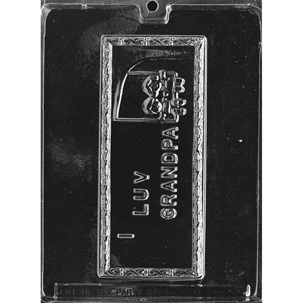 Single-cavity chocolate bar mold with a raised “I Luv Grandpa” message and decorative border, measuring 8 x 3 1/2 x 1/2 inch deep.