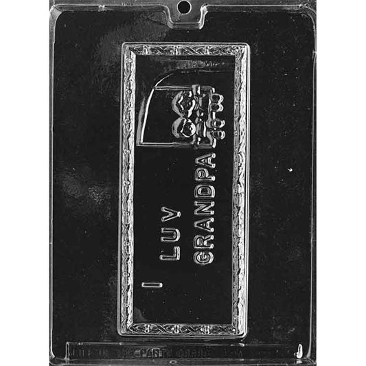 Single-cavity chocolate bar mold with a raised “I Luv Grandpa” message and decorative border, measuring 8 x 3 1/2 x 1/2 inch deep.