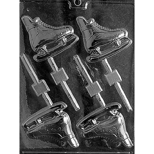 Four-cavity ice skate chocolate lollipop mold with 3-inch lace-up hockey-style boots, detailed blade supports, runners, and built-in stick channels