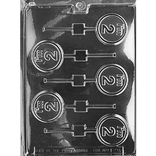 Five-cavity I’m 2 round chocolate lollipop mold with raised second birthday message, 2-inch circles, double-ring borders, and stick channels