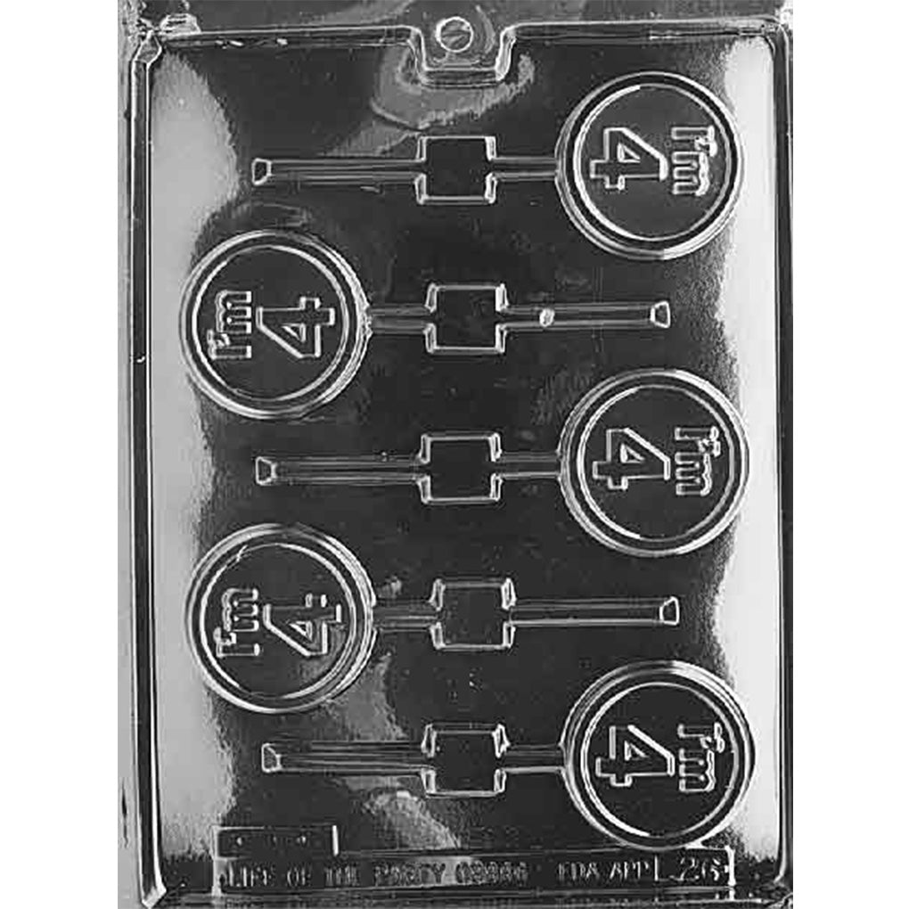 Five-cavity I’m 4 chocolate lollipop mold with 2-inch round birthday pop shapes, raised number four messages, double-ring borders, and stick channels