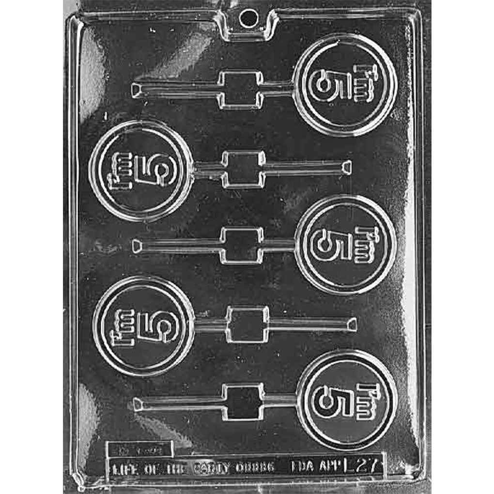 Five-cavity I’m 5 chocolate lollipop mold with 2-inch round designs, raised birthday lettering, and built-in stick channels
