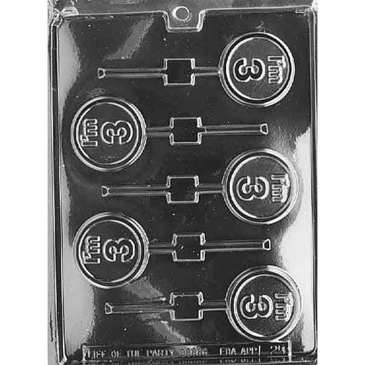 Clear plastic I’m 3 Chocolate Lollipop Mold with five round birthday message cavities and built-in stick channels