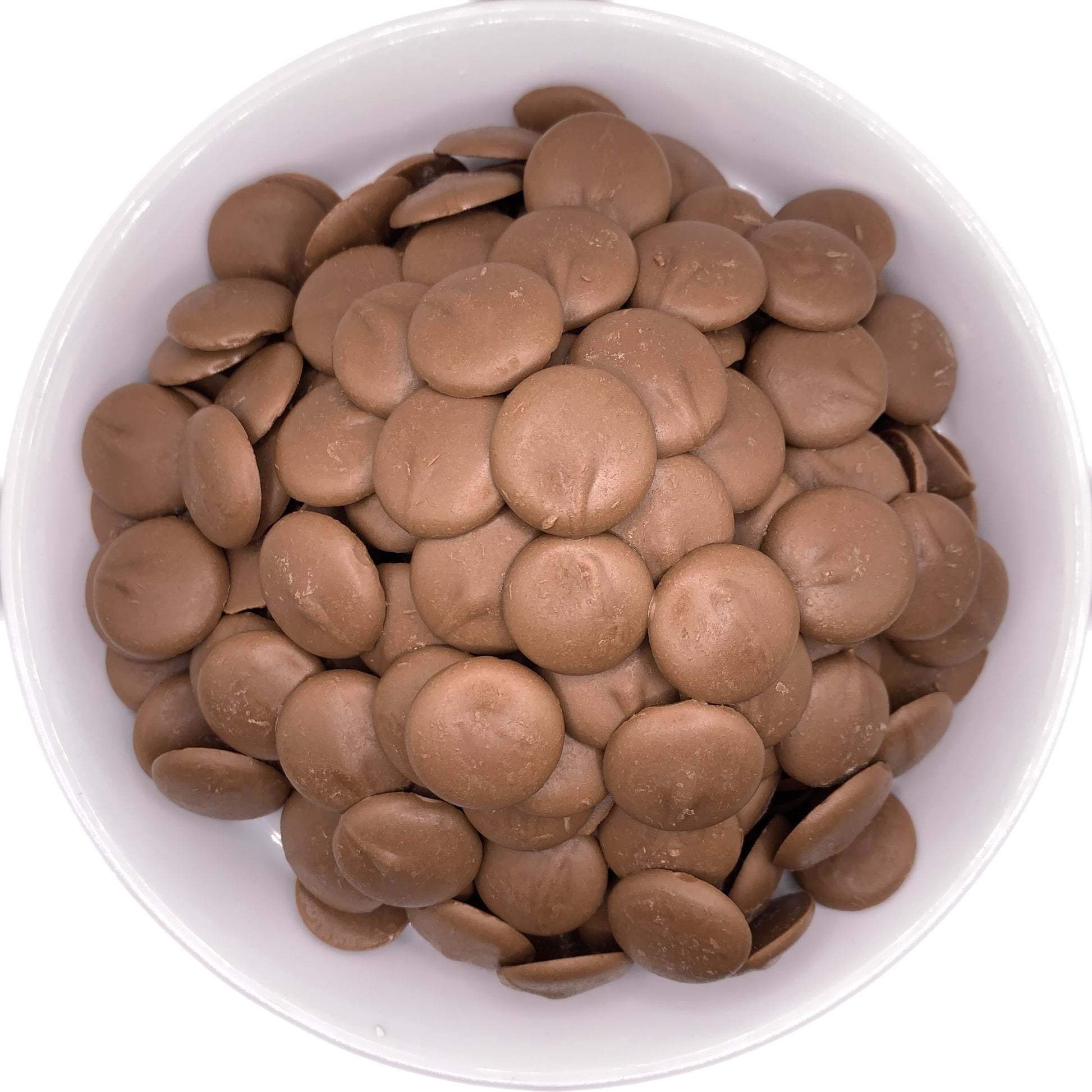 A white bowl overflowing with Ambrosia Landmark Milk Chocolate Coating wafers, capturing the rich and creamy milk chocolate perfect for coating confections, from elegant truffles to festive chocolate-dipped strawberries.