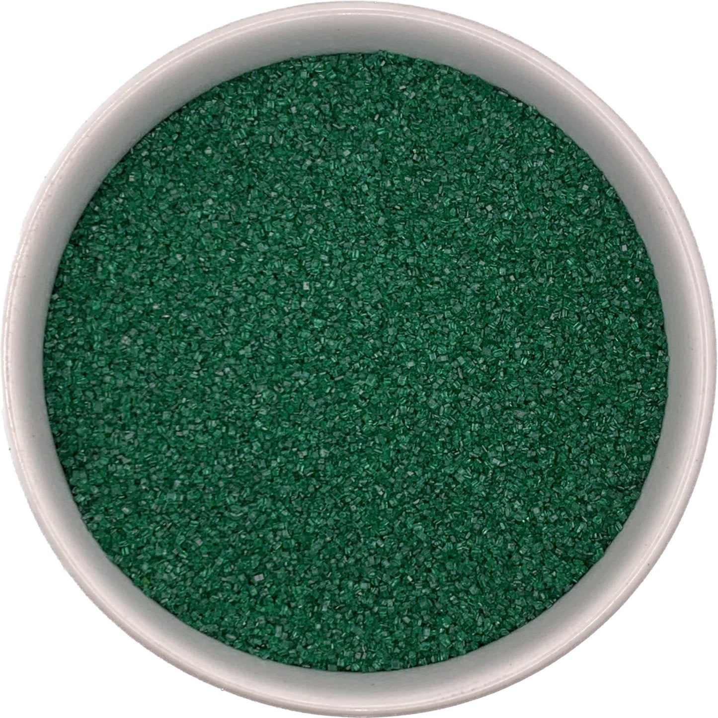 Green sanding sugar close-up, showing medium green crystals with vibrant sparkle and smooth texture.