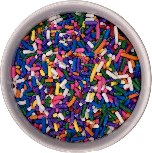 Carnival Blend Jimmies Sprinkles in a White Bowl