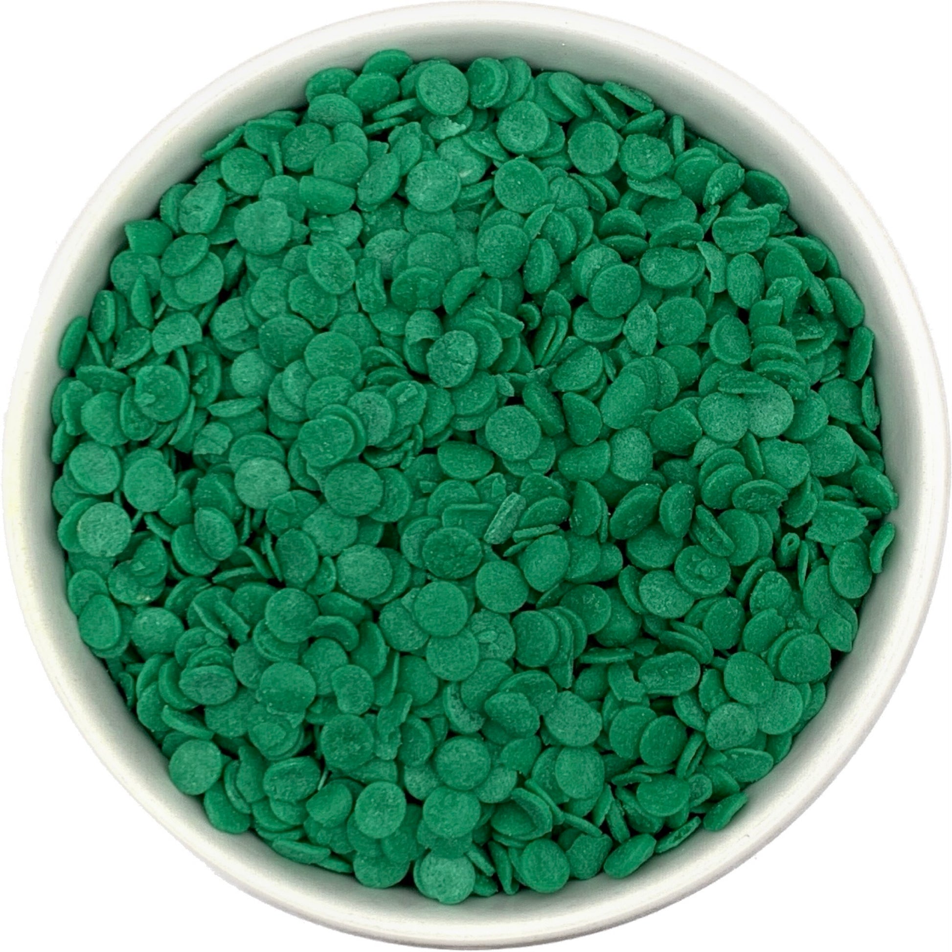 Green Quins Sprinkles in a White Bowl