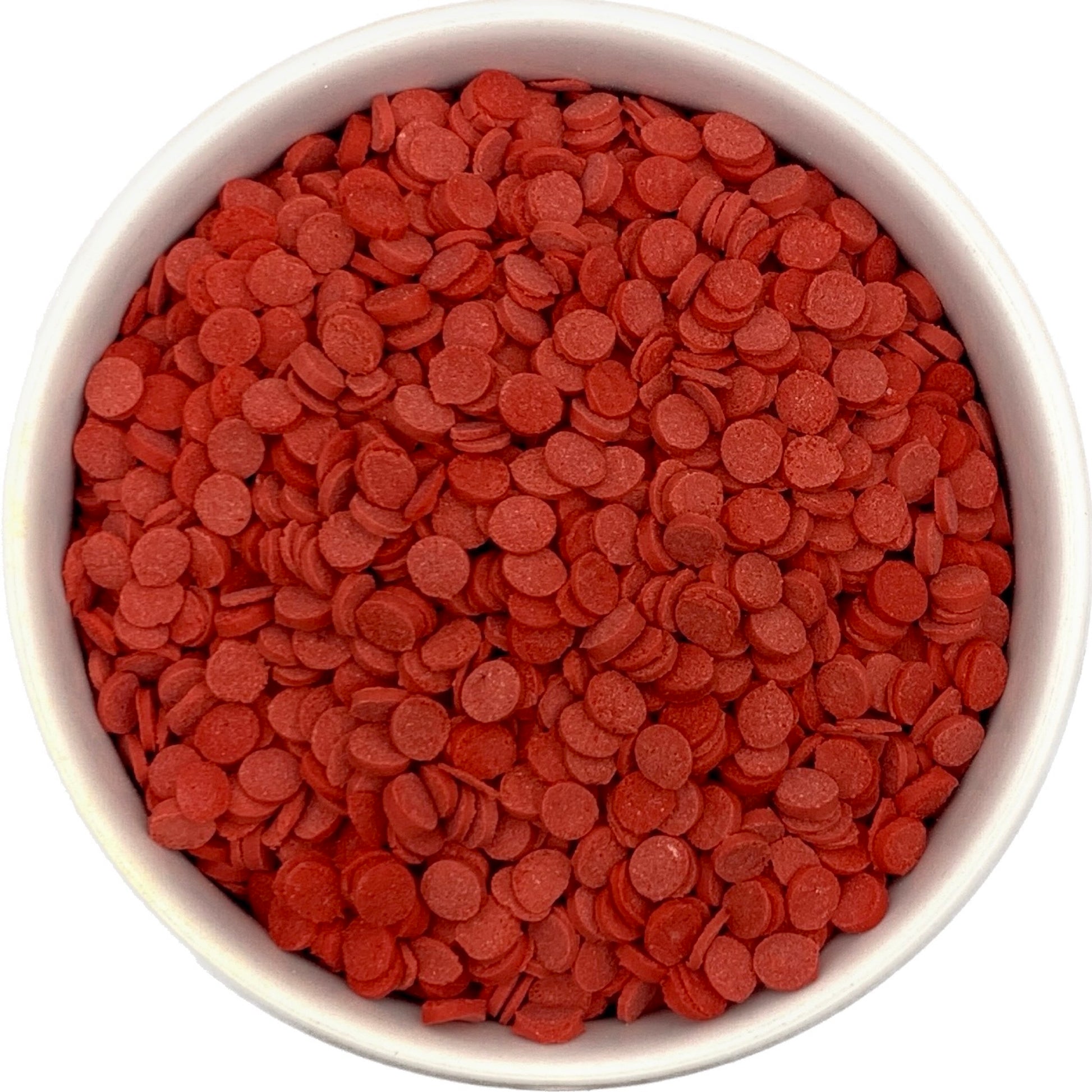 Red Quins Sprinkles in a White Bowl