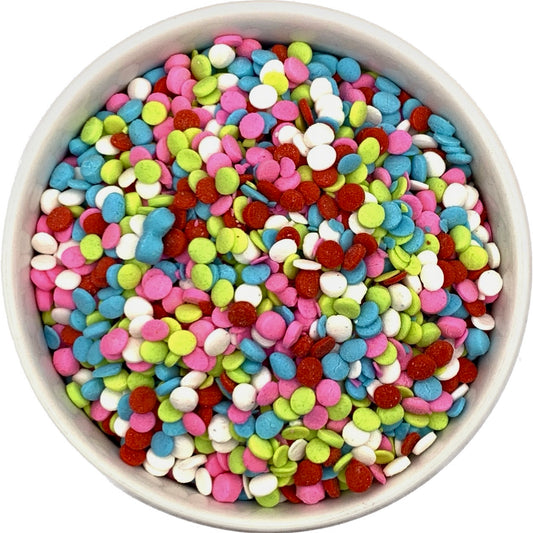 Lollipop Colored Quin Sprinkles in a White Bowl