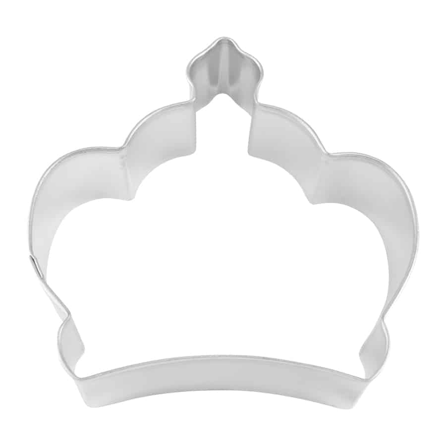 A silver metal cookie cutter in the shape of an imperial-style crown with rounded edges and a decorative peak, perfect for royal-themed cookies.