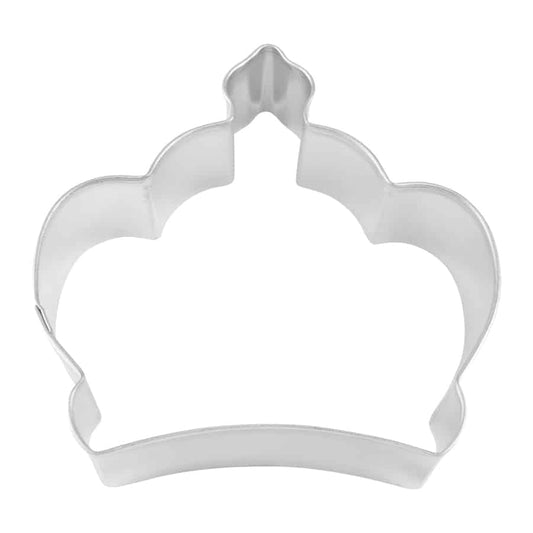 A silver metal cookie cutter in the shape of an imperial-style crown with rounded edges and a decorative peak, perfect for royal-themed cookies.