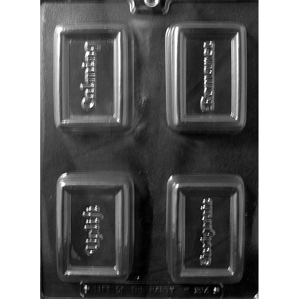 Clear plastic chocolate bar mold with four deep rectangular cavities embossed with the words Calming, Invigorate, Uplift, and Romance.