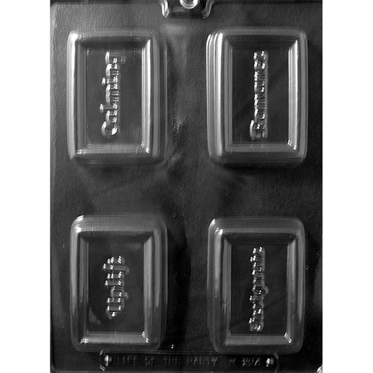 Clear plastic chocolate bar mold with four deep rectangular cavities embossed with the words Calming, Invigorate, Uplift, and Romance.