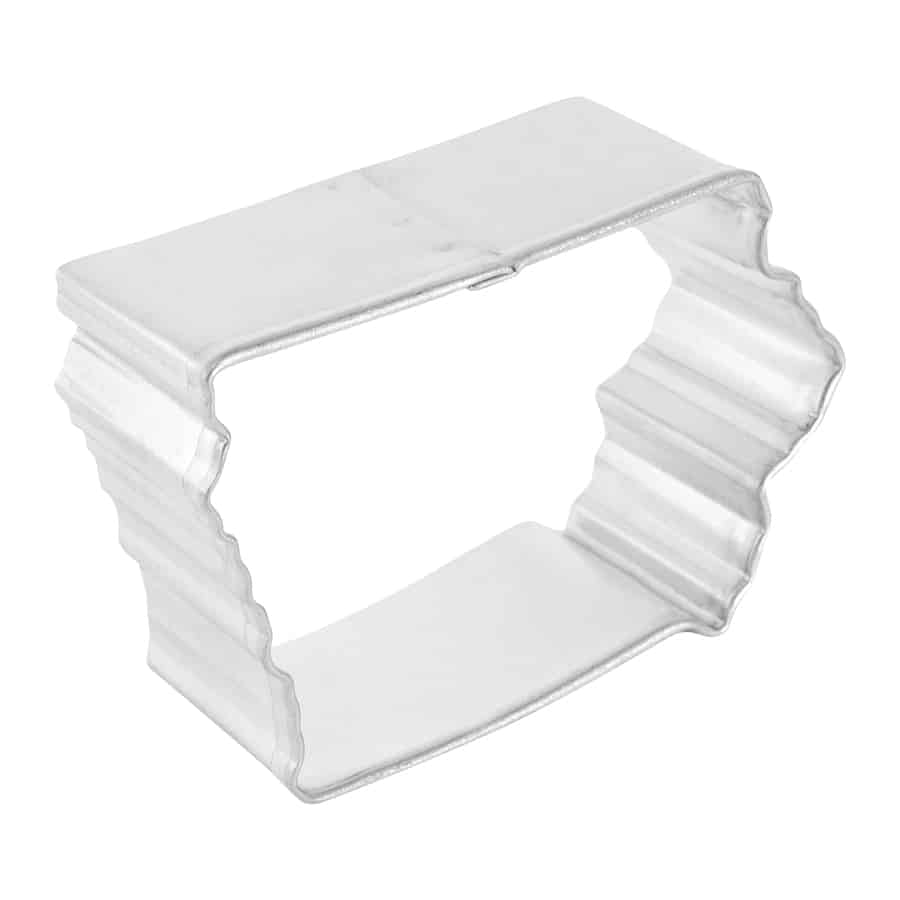 Angled view of the Iowa State Cookie Cutter, highlighting its depth and crimped edges.