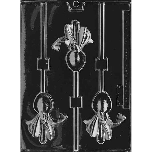 Clear plastic chocolate lollipop mold with three iris flower cavities, featuring detailed petals and long stick channels on a black background.