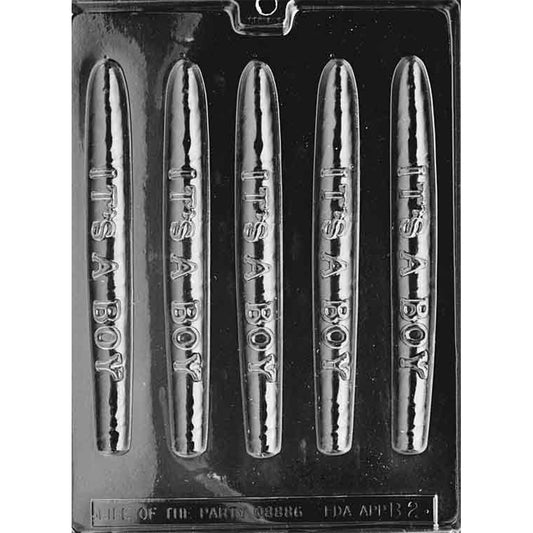 Clear plastic chocolate mold with five long cigar-shaped cavities, each featuring the embossed words “It’s a Boy” on the center band.