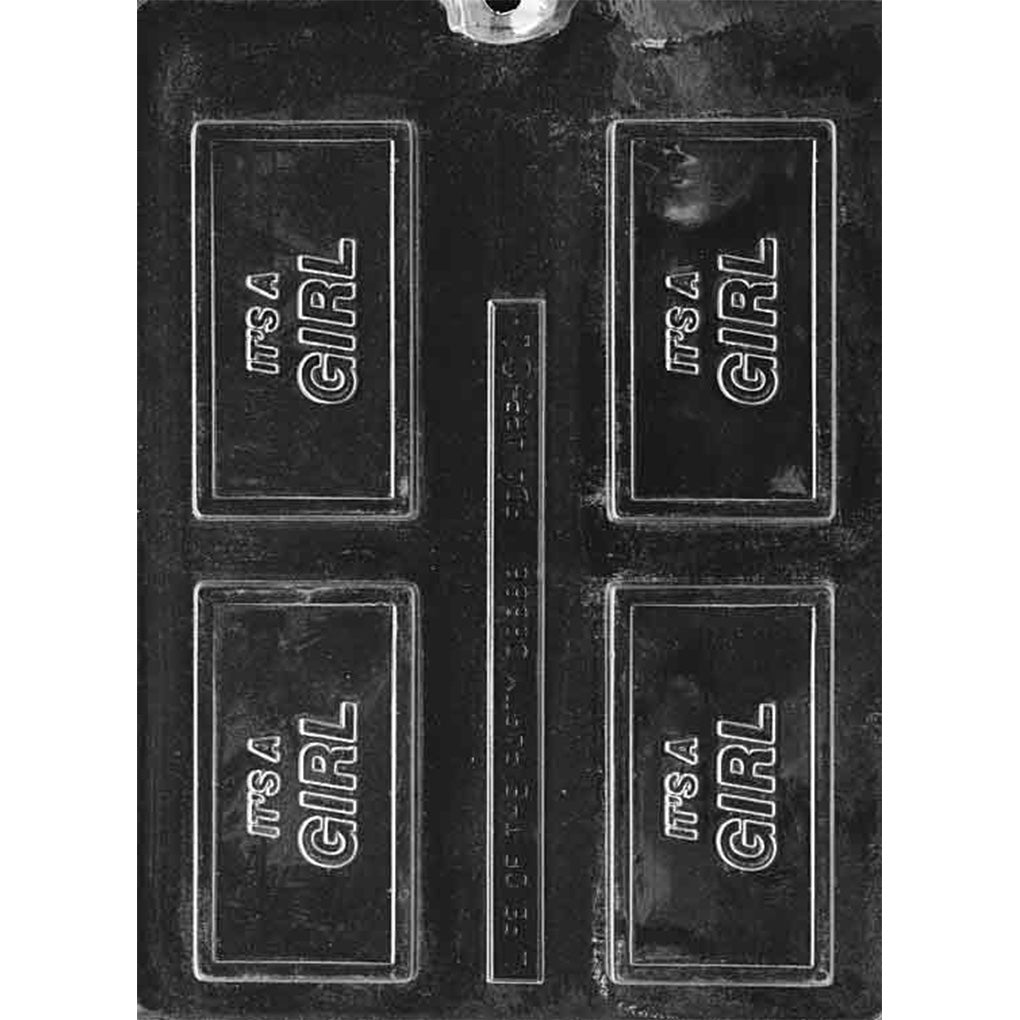Clear plastic chocolate mold with four rectangular bar cavities, each embossed with the words “IT’S A GIRL” inside a raised border.