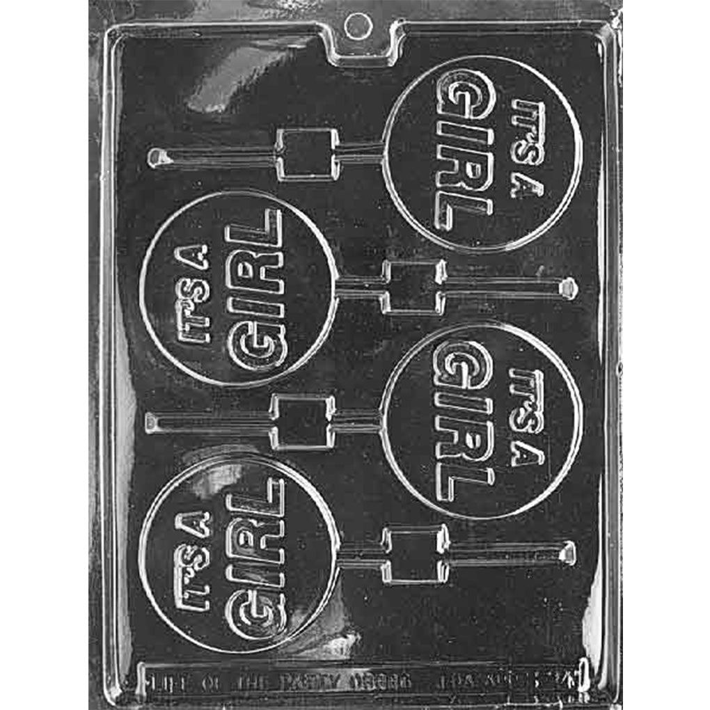 Clear plastic chocolate lollipop mold with five round cavities that read "It's a Girl" and include channels for lollipop sticks.