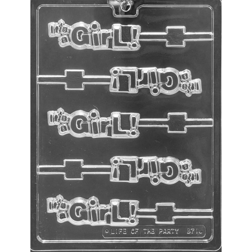 Clear plastic It’s a Girl Chocolate Lollipop Mold with five word-shaped cavities, exclamation points, and lollipop stick channels
