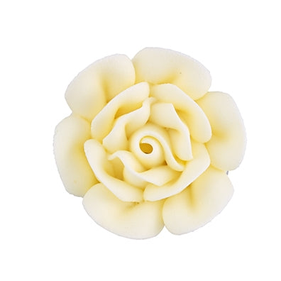 Ivory royal icing rose with open petals, 1.75 inches in diameter