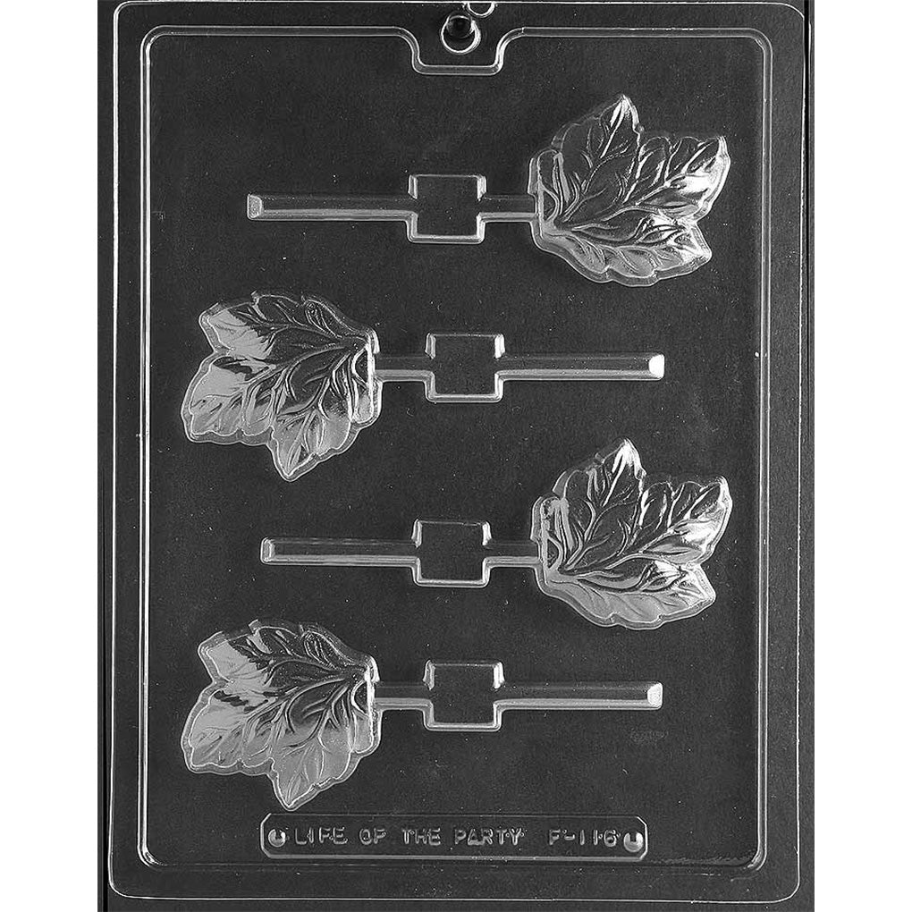 Clear plastic chocolate lollipop mold with four ivy leaf cavities, each showing detailed leaf veins and an attached stick channel.