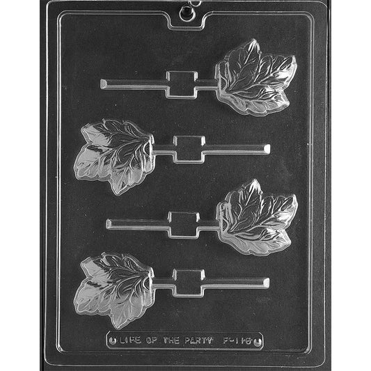Clear plastic chocolate lollipop mold with four ivy leaf cavities, each showing detailed leaf veins and an attached stick channel.