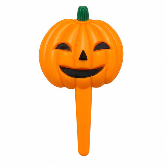 Orange 1.75-inch jack-o-lantern cupcake pick with a green stem, dark curved eyes, triangular nose, wide smiling mouth, and long orange pick.