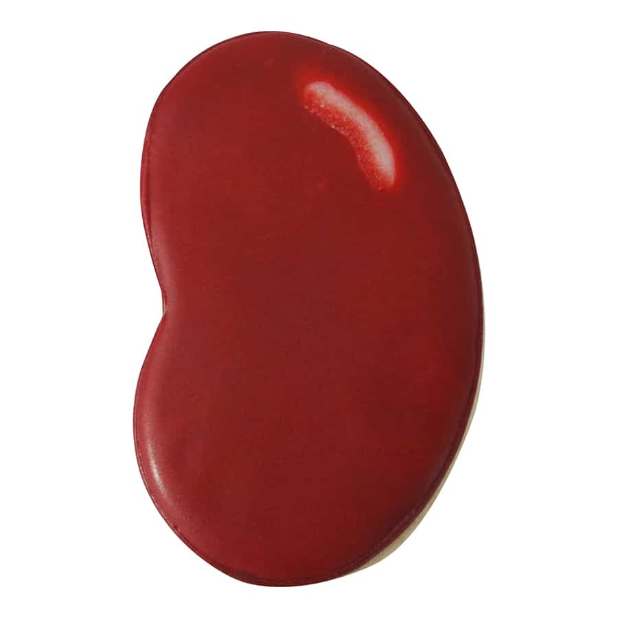 A decorated jelly bean cookie with a glossy red finish.