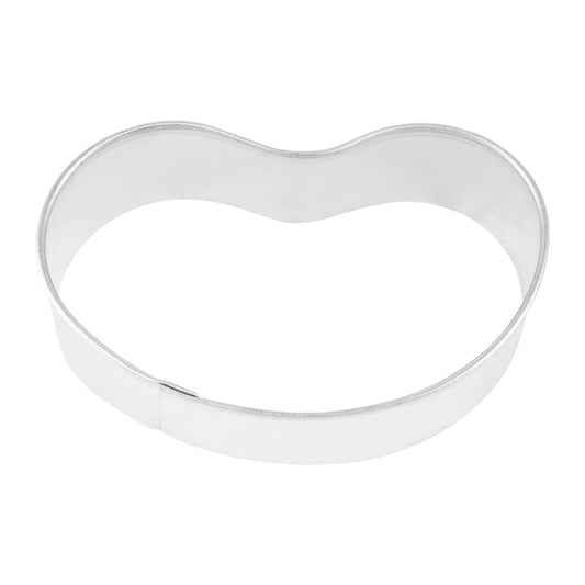 Top-down view of a jelly bean-shaped metal cookie cutter with smooth, curved edges.