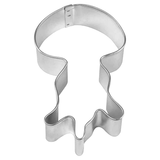 A silver jellyfish-shaped cookie cutter with a rounded top and wavy tentacle details.