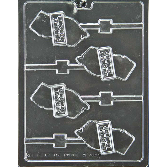 Clear chocolate lollipop mold with four New Jersey-shaped cavities embossed with the words Jersey Strong and fitted with stick channels.