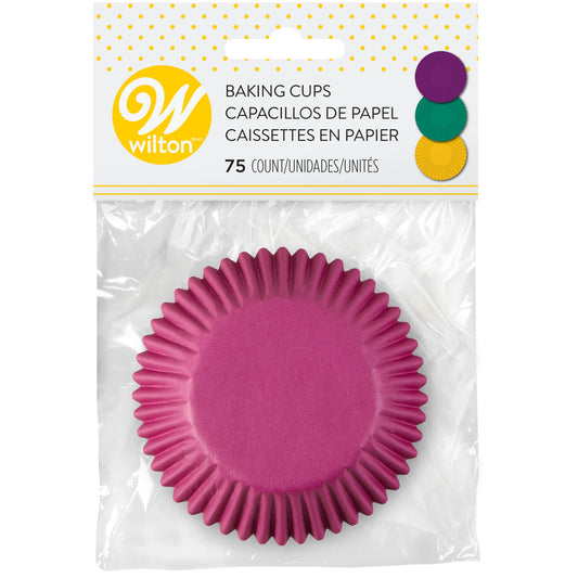 Package of Wilton jewel-tone baking cups with purple cup showing in front.