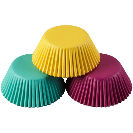 Stack of gold, teal, and purple jewel-tone baking cups in standard size.