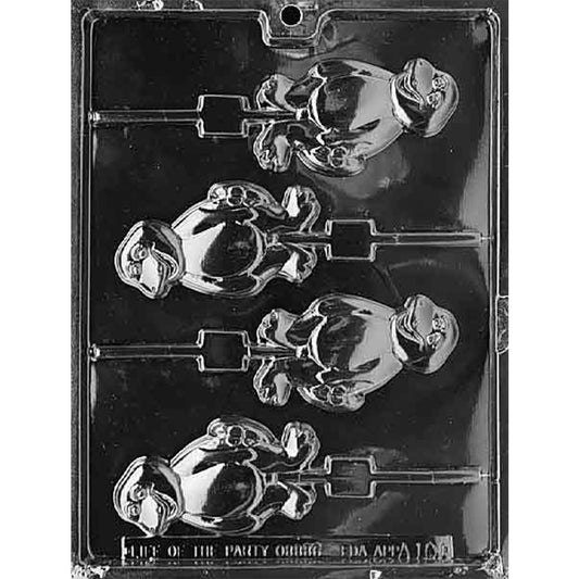 Four-cavity chocolate lollipop mold with smiling cartoon dinosaur designs measuring approximately 2 1/8 x 3 3/4 inches