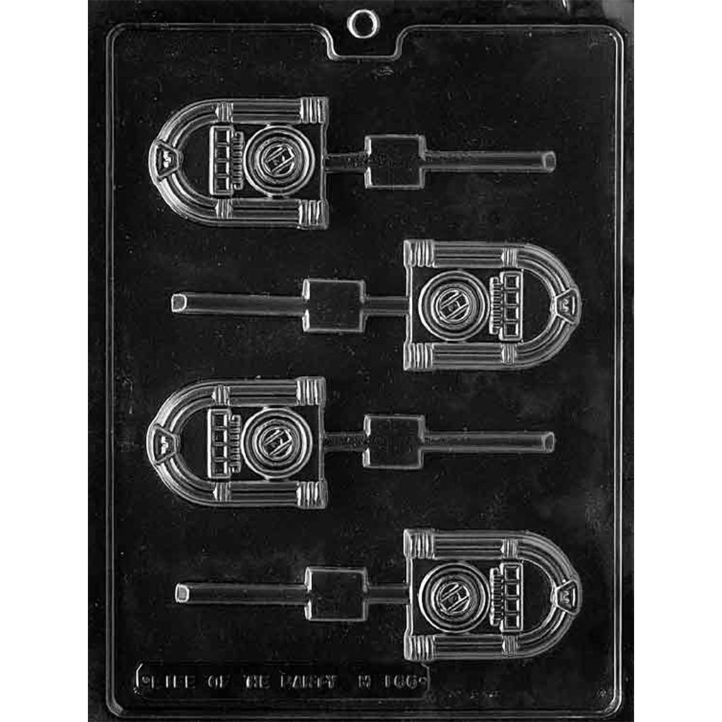 Clear plastic Juke Box Chocolate Lollipop Mold with four detailed jukebox cavities and channels for lollipop sticks