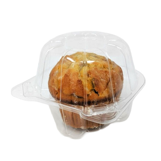 Clear hinged single cupcake container holding a jumbo muffin on a white background.