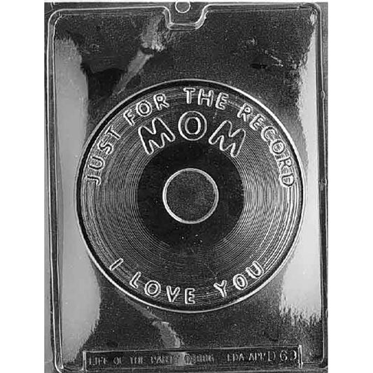 Clear plastic chocolate mold with a large round record-shaped cavity featuring the words “Just For The Record Mom I Love You,” shown on a dark background.
