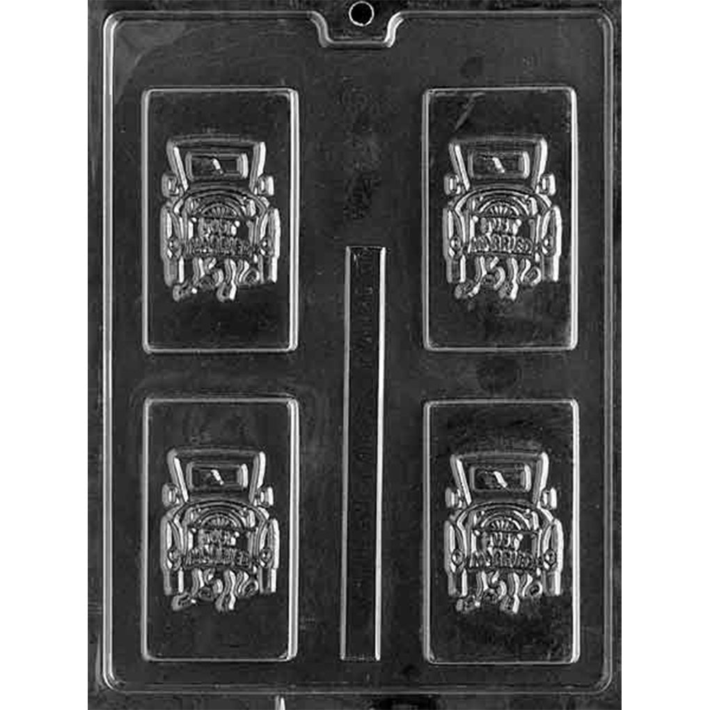 Just Married car chocolate bar mold cavity design showing a car with “Just Married” text and trailing lines behind it suggesting cans and decorations.