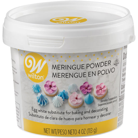 Wilton Meringue Powder container, 4 oz (113 g), for baking and decorating. The plastic tub is labeled with the Wilton logo and showcases examples of colorful meringue swirls in blue, pink, and purple hues as serving suggestions.