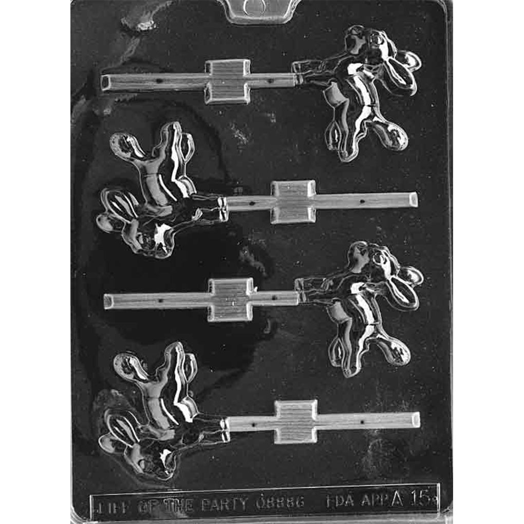 Clear Kicking Donkey Chocolate Lollipop Mold photographed against a black background with 4 cartoon donkey cavities in a kicking pose and built-in stick channels.