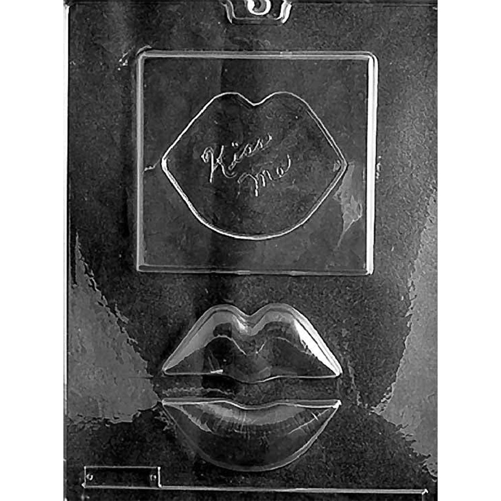Clear chocolate mold with two cavities: one oversized lips shape and one square base with a lip-shaped opening and the words “Kiss Me” inside.
