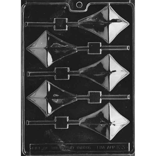 Chocolate lollipop mold with five diamond-shaped kite cavities featuring four-panel crossbar designs and alternating horizontal stick channels.