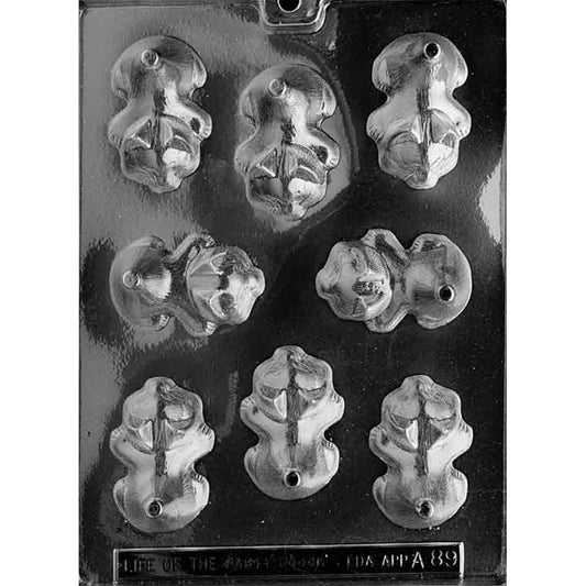 Clear plastic chocolate mold with multiple deep kitten-shaped cavities, each showing a small crouching cat figure with ears, face details, and a pour hole near the bottom.