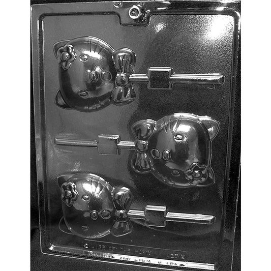 Kitty Kat chocolate lollipop mold with three 3-inch kitten-face cavities, flower and bow details, and built-in stick channels