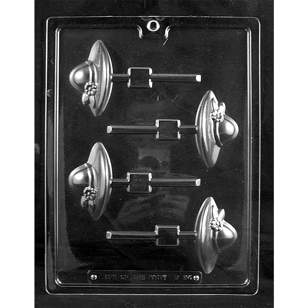 Clear plastic chocolate lollipop mold with four women’s hat cavities, each showing a wide-brim hat with a small flower accent and an attached stick channel.