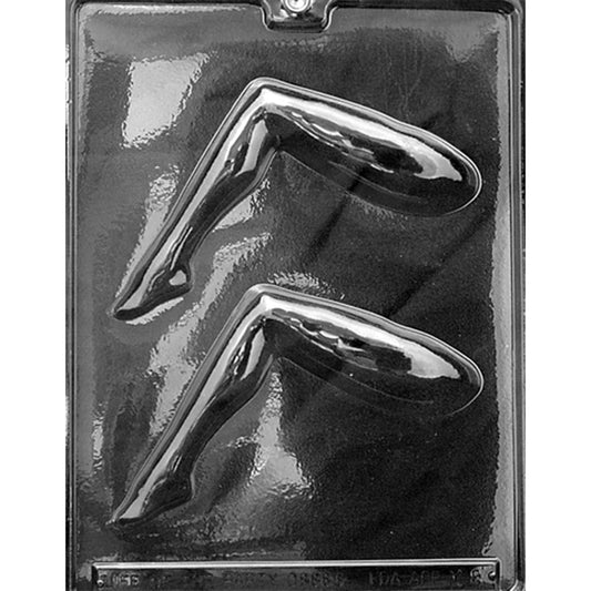 Clear Ladies Legs Chocolate Mold photographed against a dark background, showing two long bent-leg cavities with slender ankles and pointed high-heel shoes.