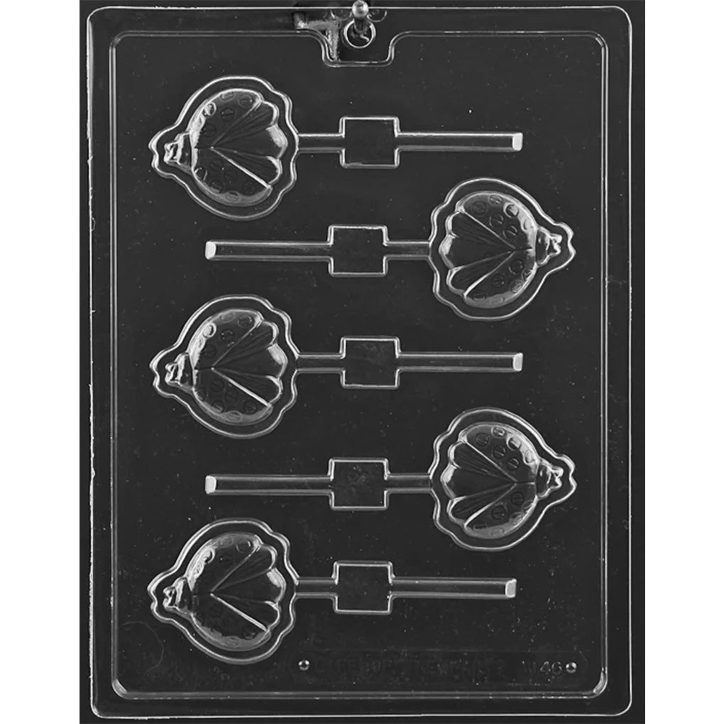 Clear plastic chocolate lollipop mold with six ladybug-shaped cavities showing an open shell with wings slightly spread, plus stick channels for making ladybug chocolate pops.